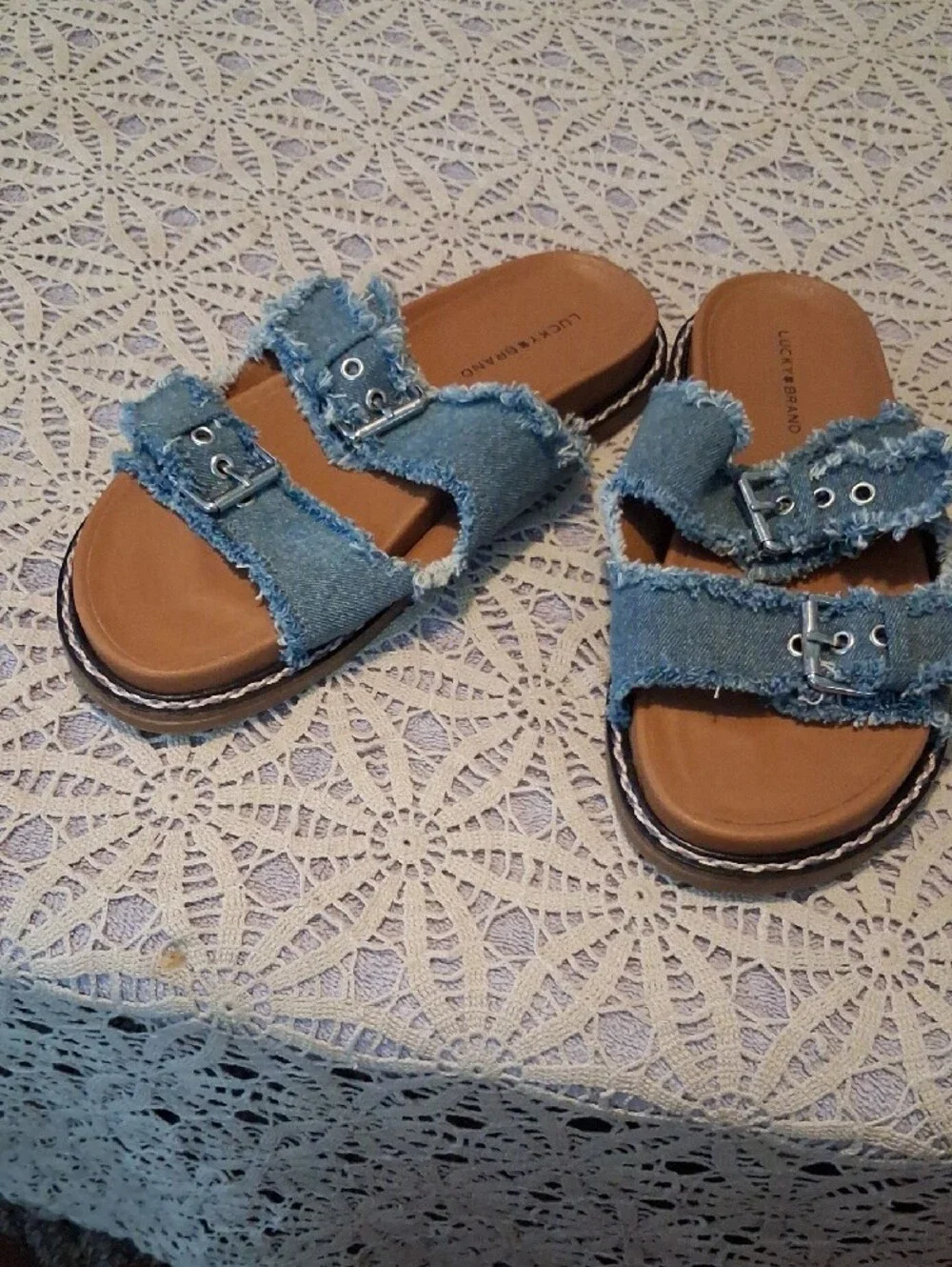 Lucky Brand Kids Frayed Denim Double-Buckle Slide Sandals - Blue